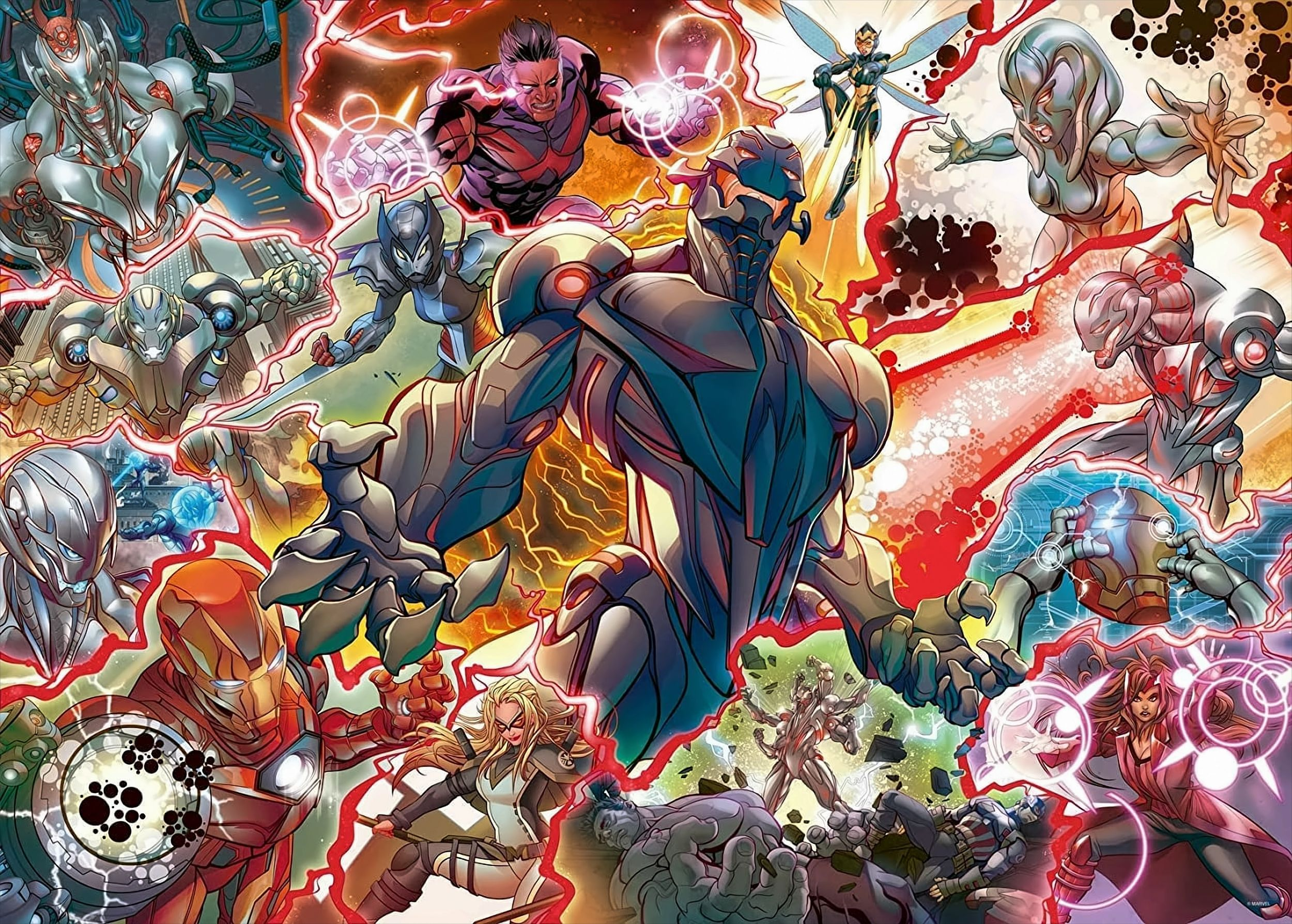 Sztuka puzzli Marvela: Ultron w centrum, otoczony przez bohaterów i złoczyńców. Intensywny styl komiksowy z efektami energetycznymi.