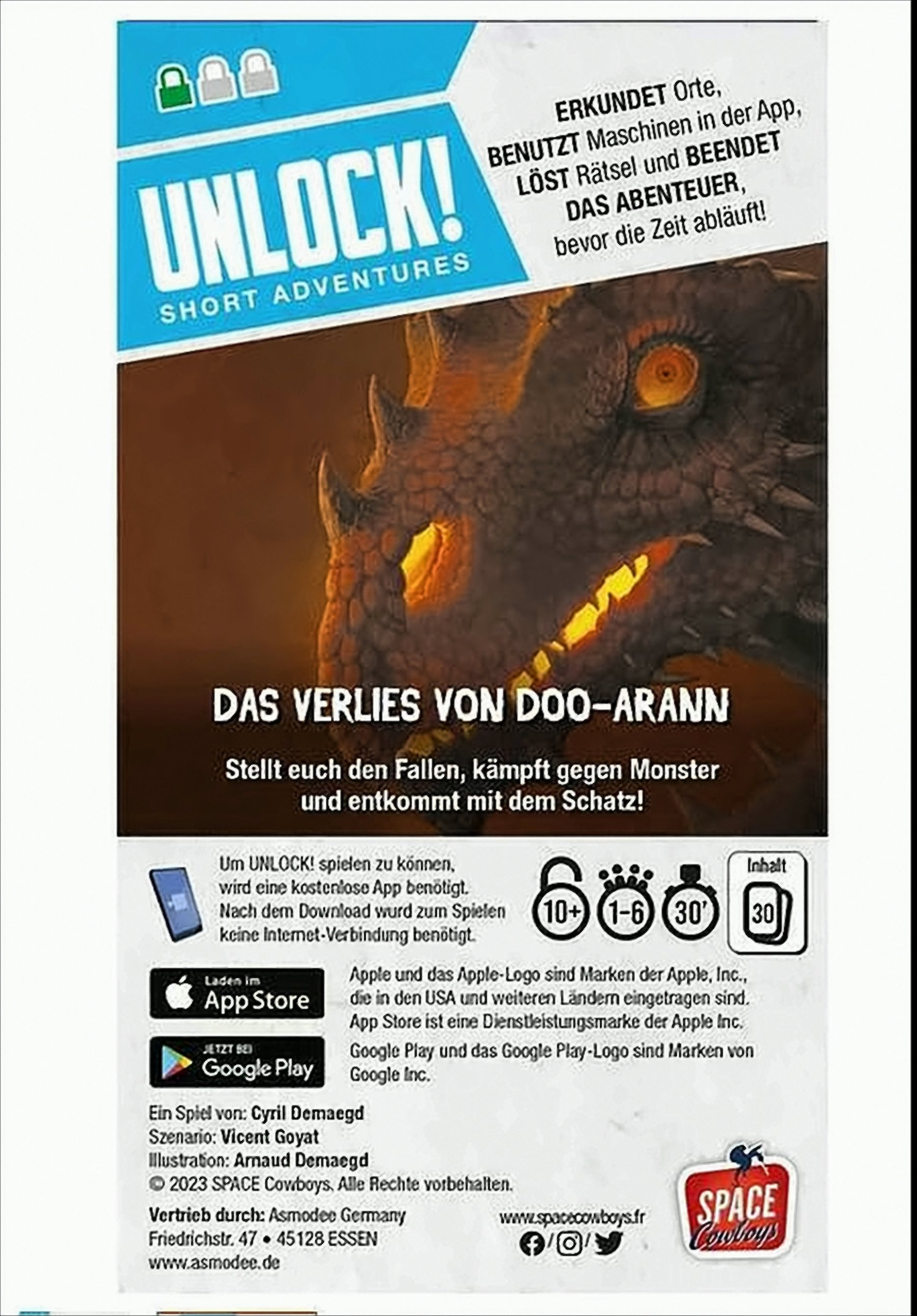 Spielbox mit Drachengrafik. Text auf Deutsch beschreibt das Spiel 'Unlock! Short Adventures' und seine Funktionen.