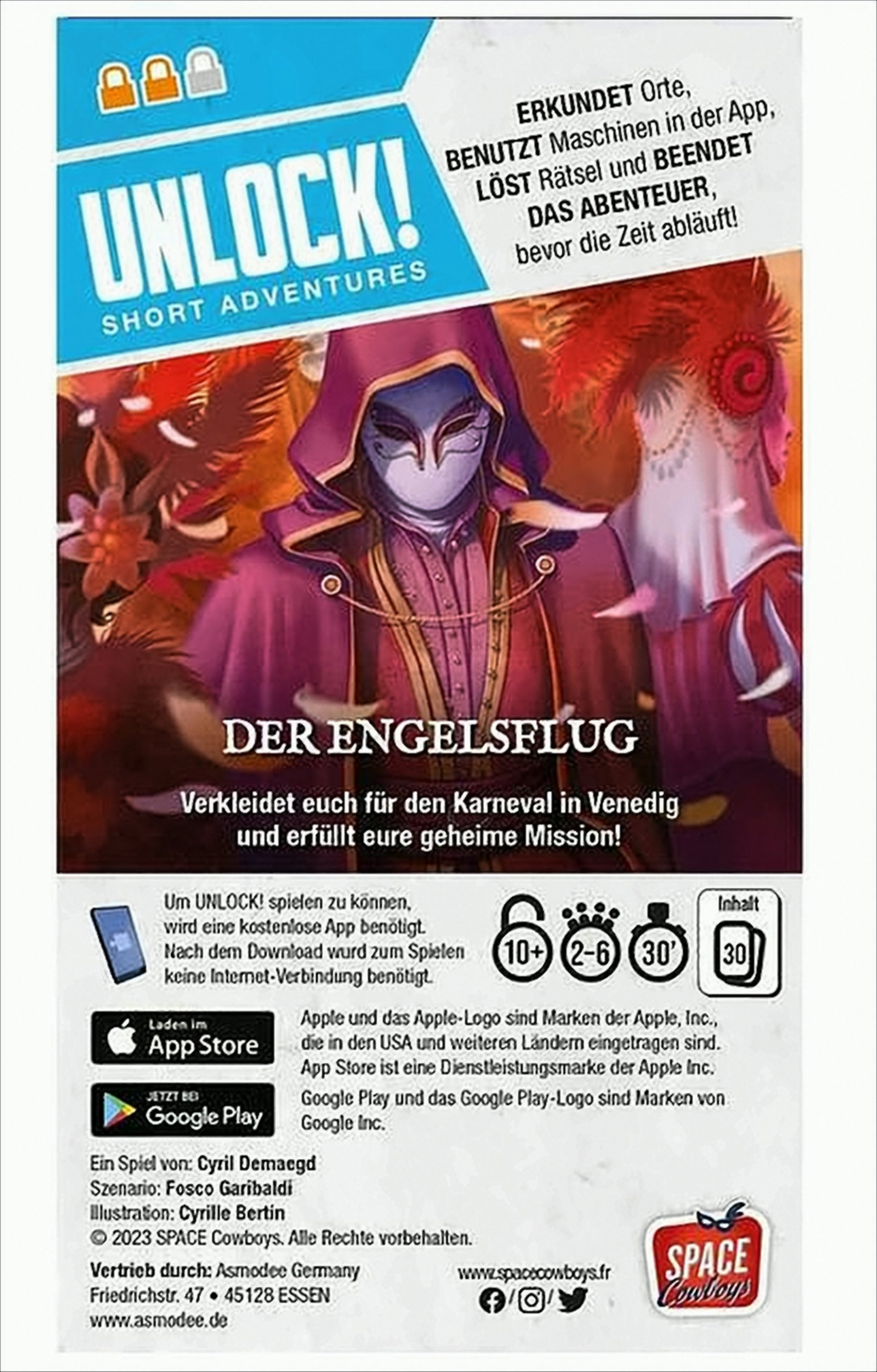 Eine Spielbox-Abdeckung mit einer maskierten Figur, Text auf Deutsch und dem Unlock!-Logo.