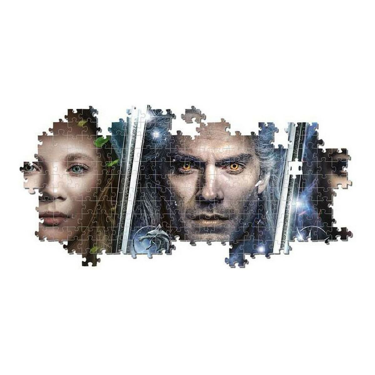 Puzzle przedstawiające twarze z Wiedźmina. Częściowe elementy tworzą obraz na białym tle.