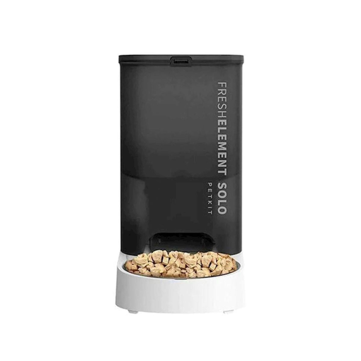 Czarny pojemnik na karmę dla zwierząt z białą podstawą. Pojemnik jest oznaczony.