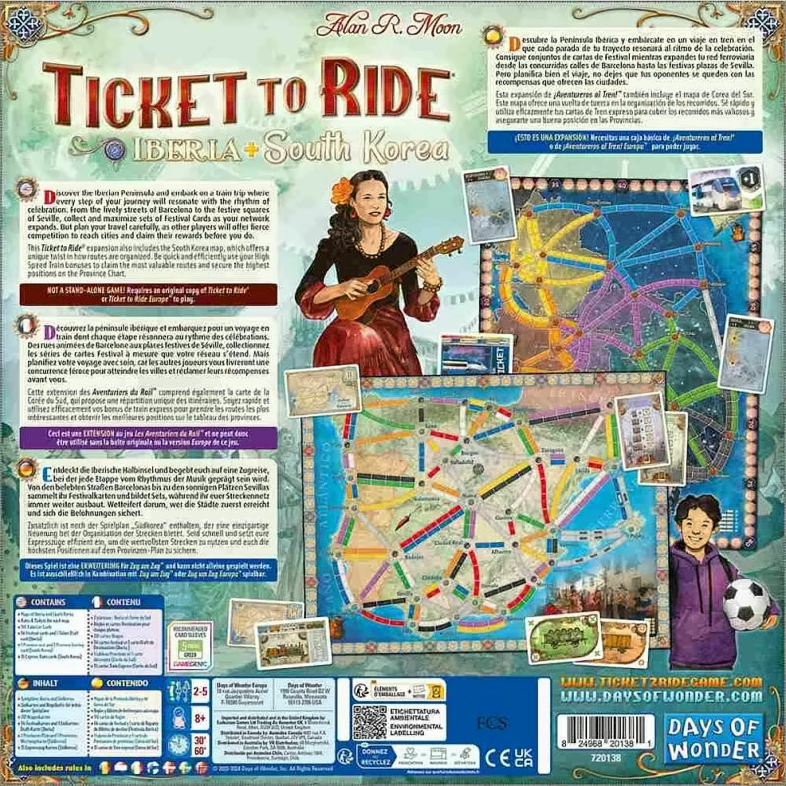 Rückseite einer Ticket to Ride-Brettspielbox, mit Spielkarte und einer Ukulele spielenden Frau.