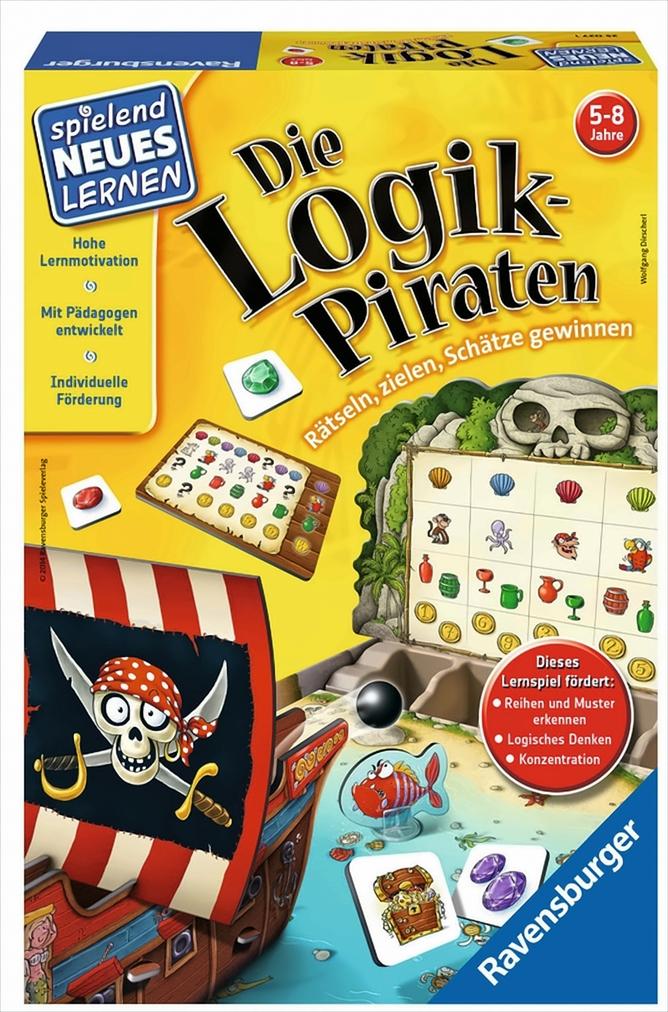 Die Logik-Piraten Brettspielbox. Enthält Spielsteine und Piratenschiff.