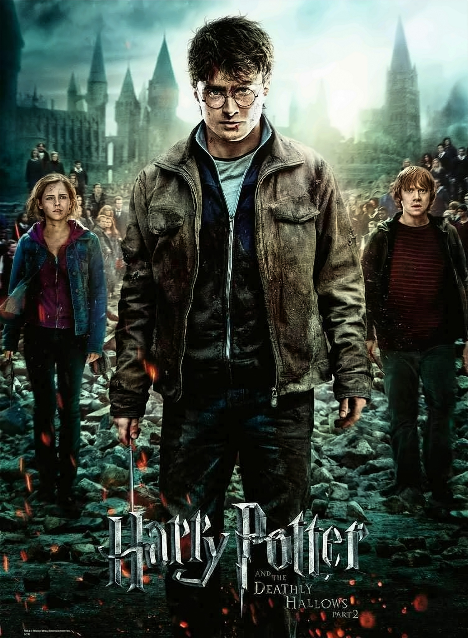 Plakat Harry'ego Pottera z Harrym, Hermioną i Ronem przed Hogwartem.