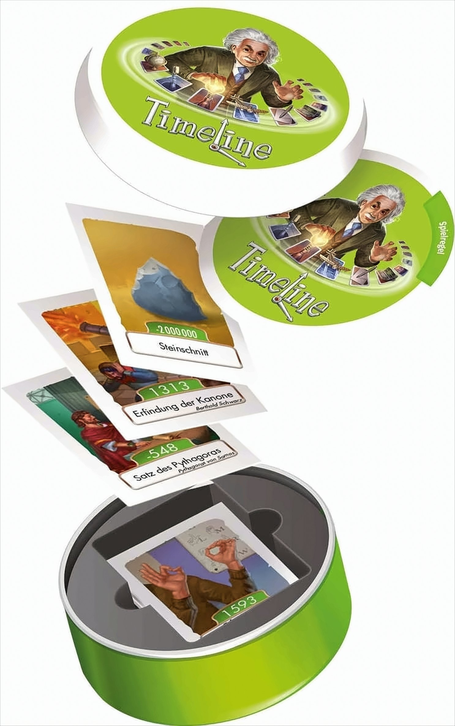 Timeline-Spielbox und Karten. Karten enthalten Bilder und Daten, mit einer grün-weißen Box.