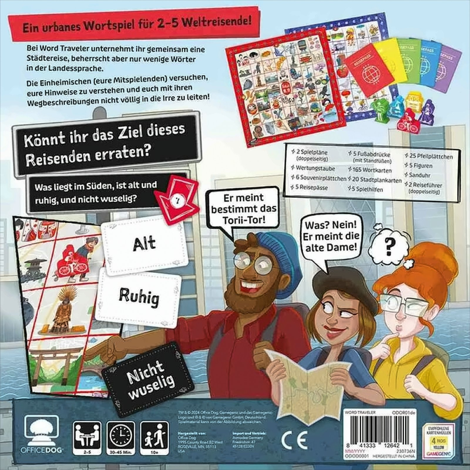 Brettspielbox mit Personen, die Spielsteine betrachten. Text: 'Word Traveler'. Farbige Spielkomponenten sichtbar.