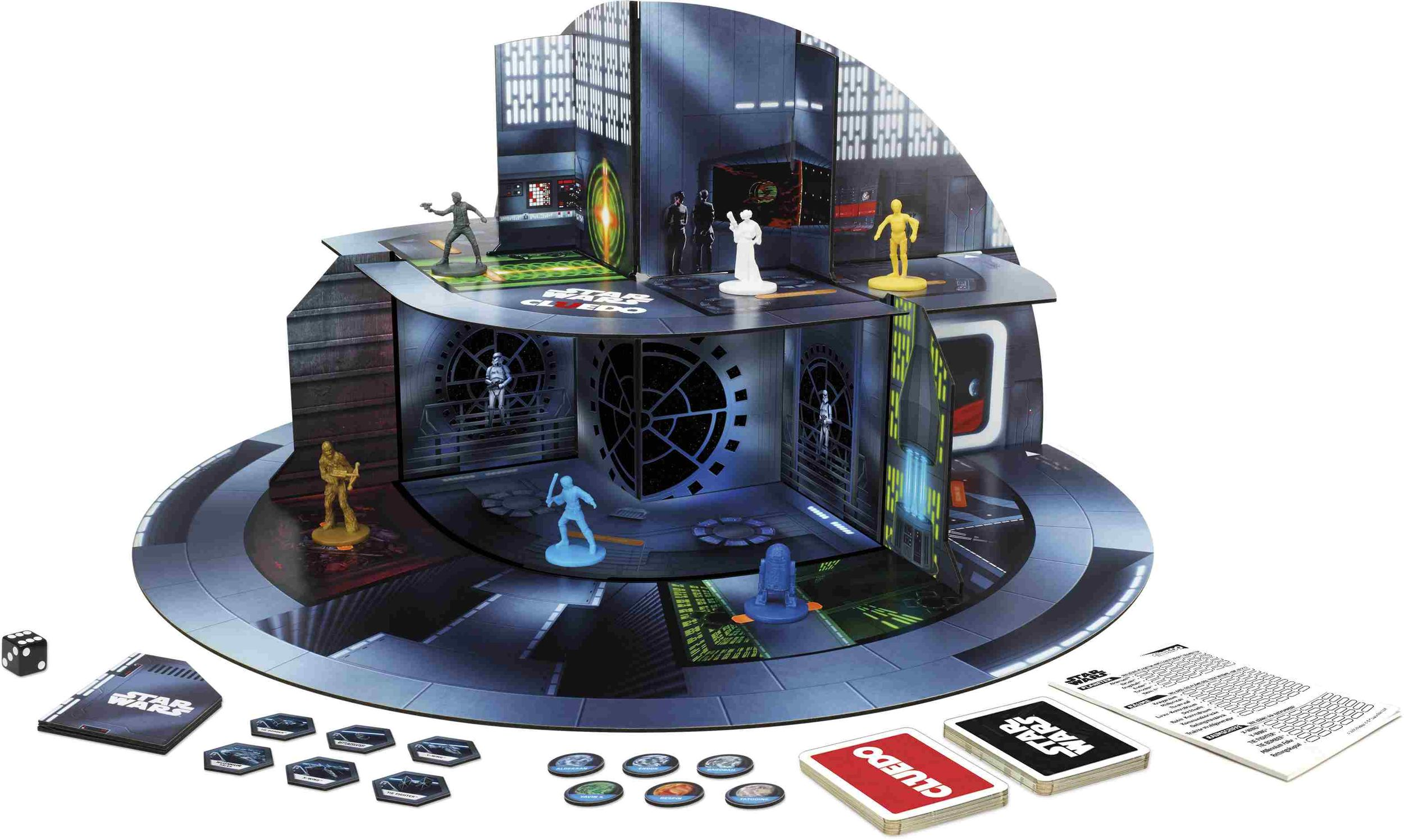 Ein Cluedo Star Wars Brettspiel, mit Spielbrett, Karten, Würfeln und Figuren auf einem Tisch.