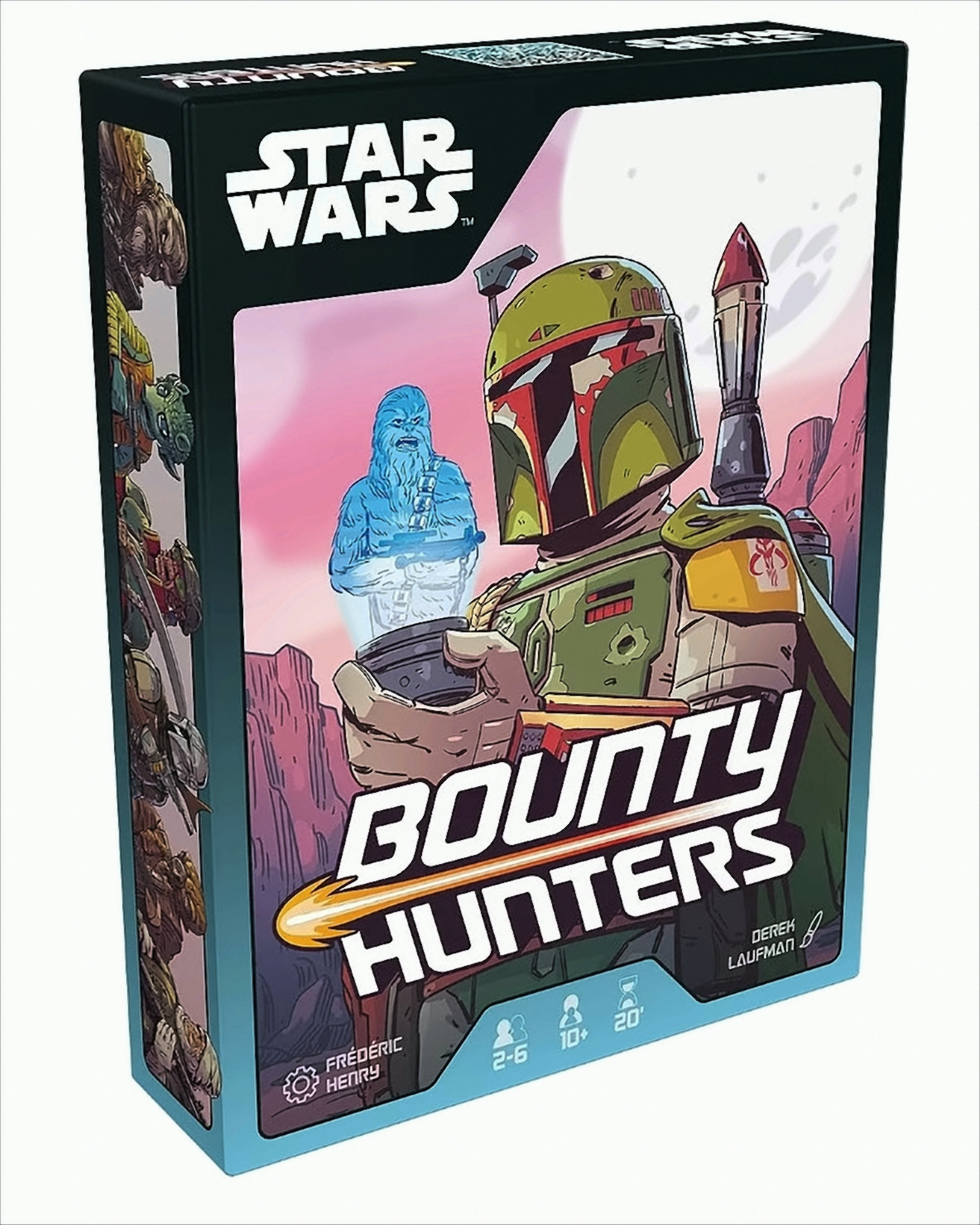 Eine Star Wars Bounty Hunters-Brettspielbox mit Figuren wie Boba Fett und Chewbacca.