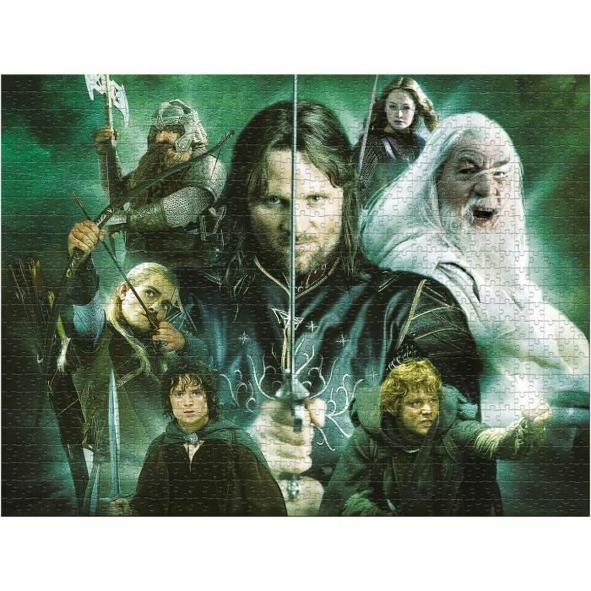 Ein Fantasy-Puzzle mit Figuren wie Aragorn, Gandalf und Legolas vor einer grünen, mystischen Kulisse.