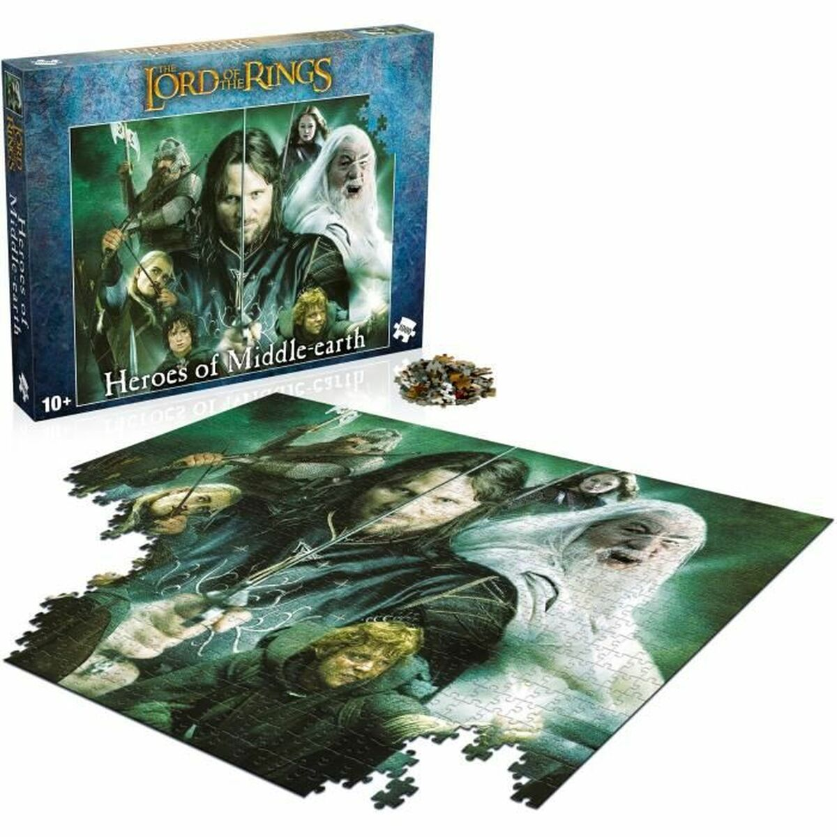 Herr der Ringe Puzzle-Schachtel mit einem teilweise zusammengesetzten Puzzle vor grünem Hintergrund.