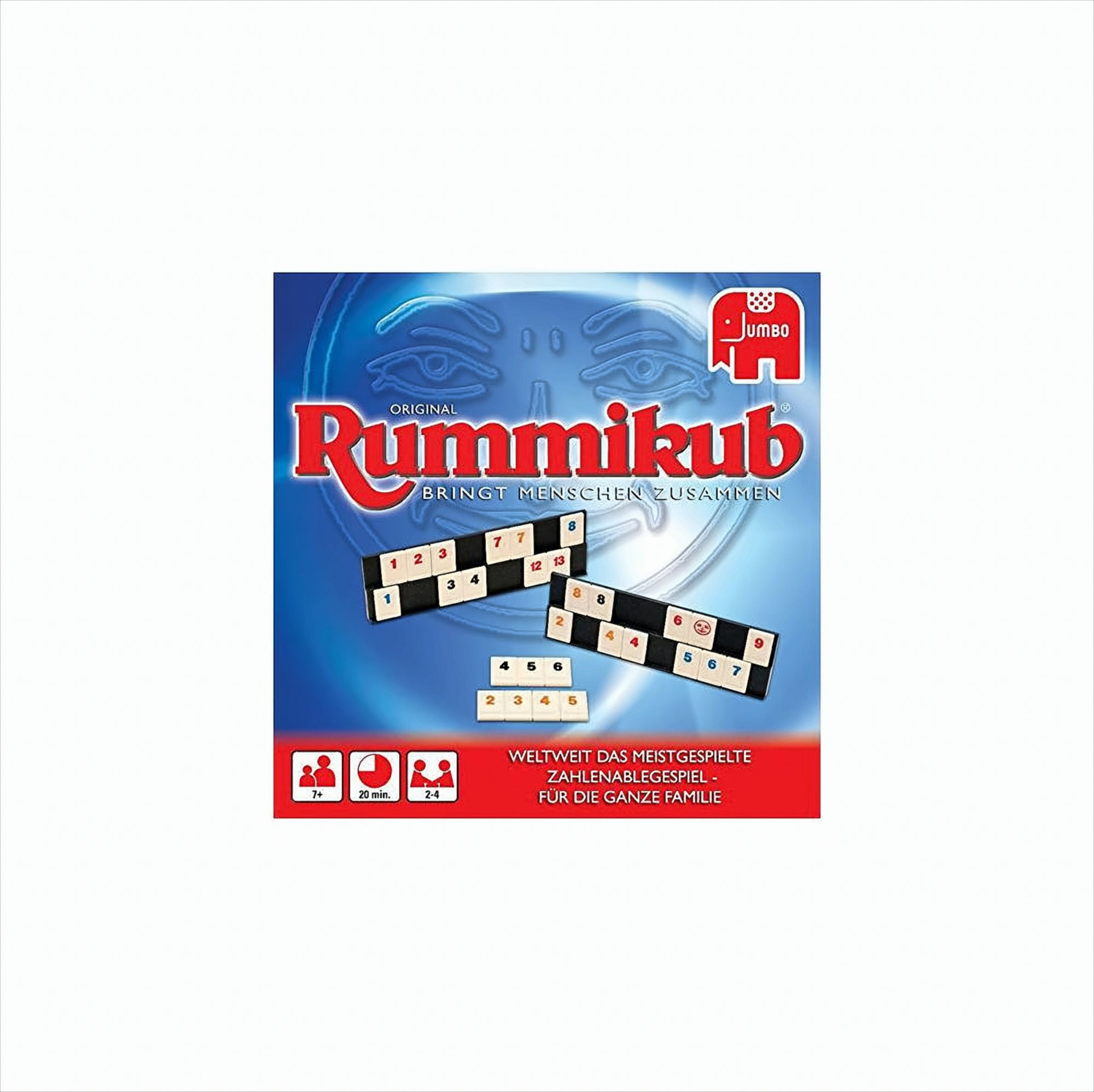 Die Rummikub-Brettspielbox mit Spielsteinen und dem Logo des Spiels.