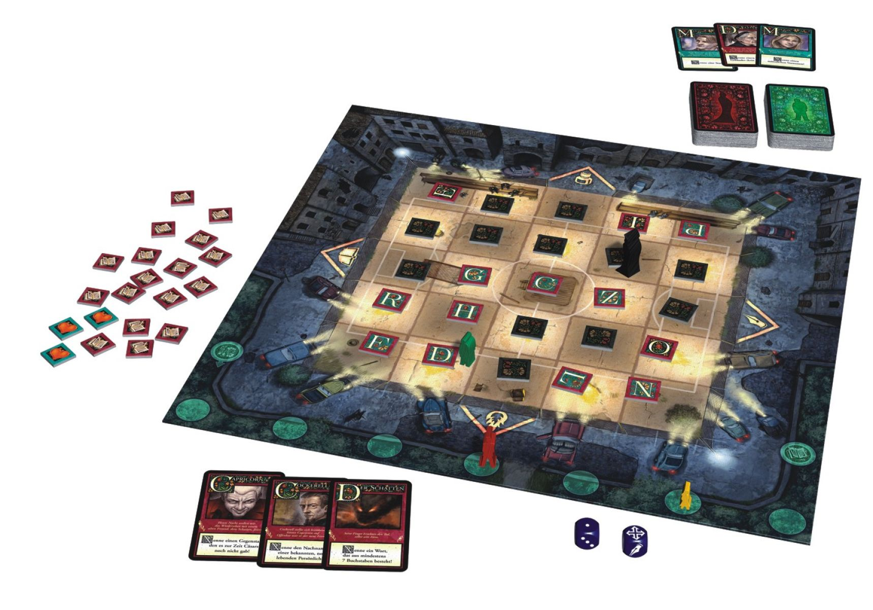 Ein Brettspiel mit Spielbrett, Karten, Würfeln und Spielfiguren. Das Spielbrett ist zum Spielen aufgebaut.