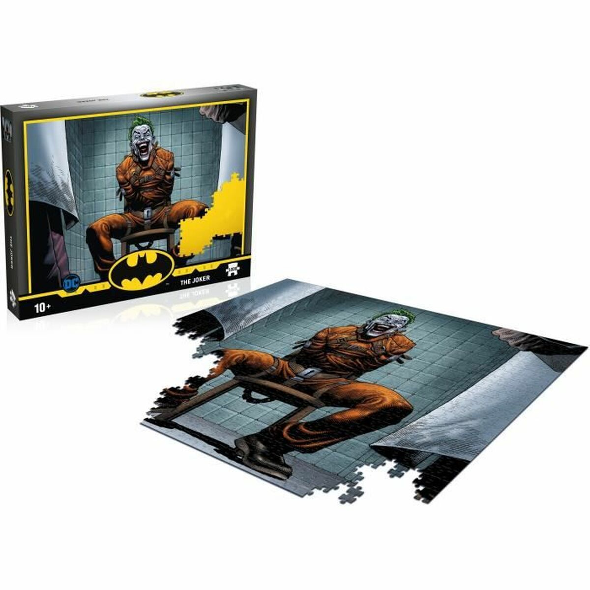 Ein Joker-Puzzle mit dem Joker in einem orangefarbenen Overall, Schachtel links.