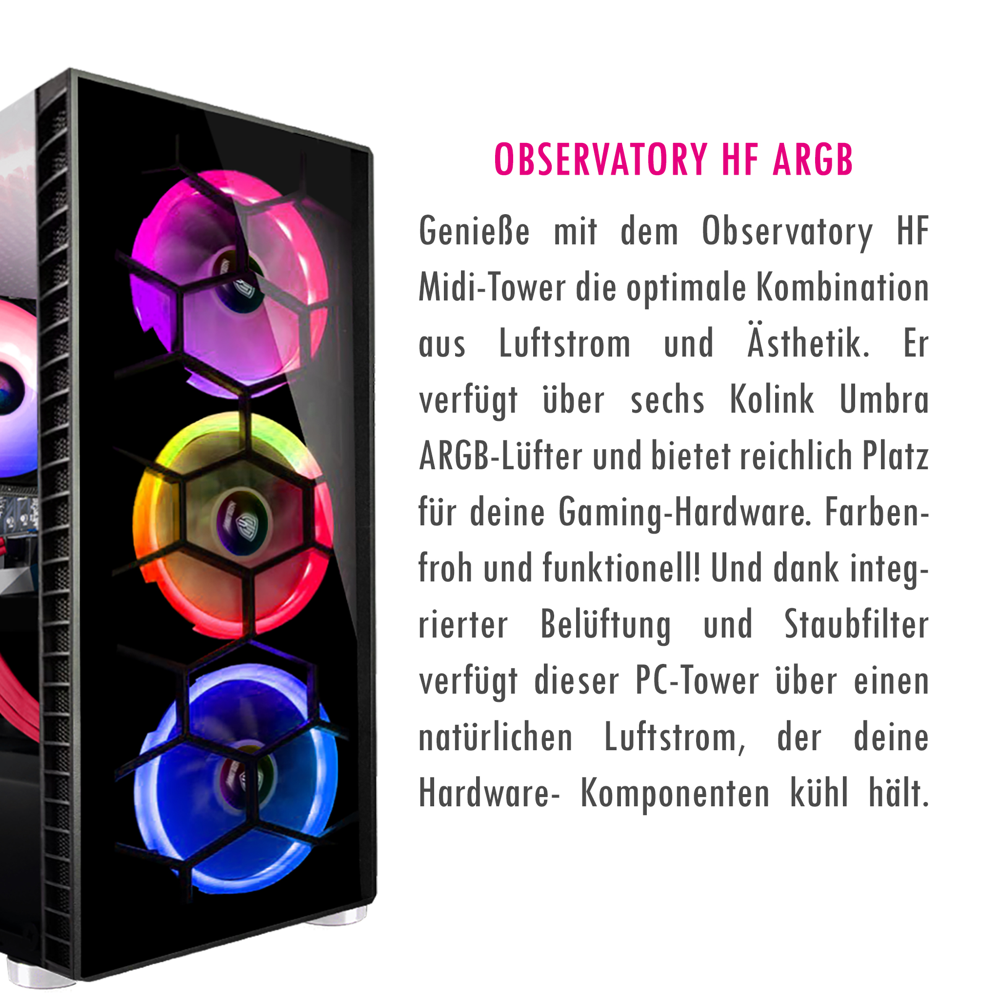 Ein schwarzes Computergehäuse mit bunten Lichtern im Inneren.