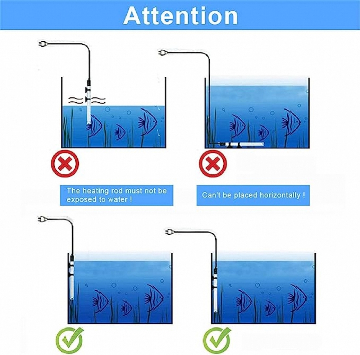 Diagramas que muestran formas correctas e incorrectas de colocar una varilla calefactora en un acuario.