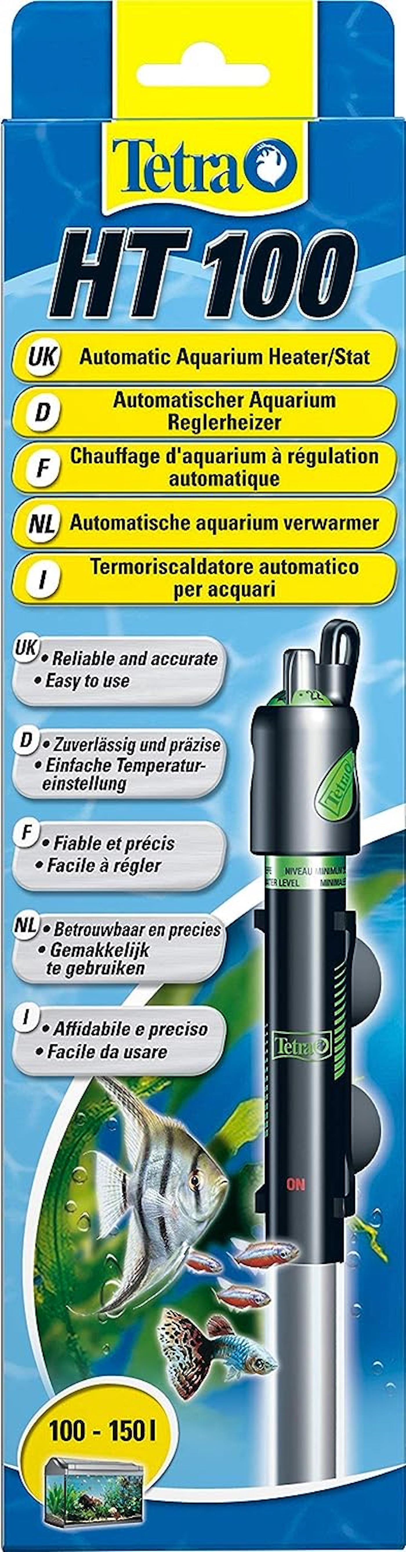 Un calentador de acuario Tetra HT100 en su embalaje, mostrando características y beneficios.
