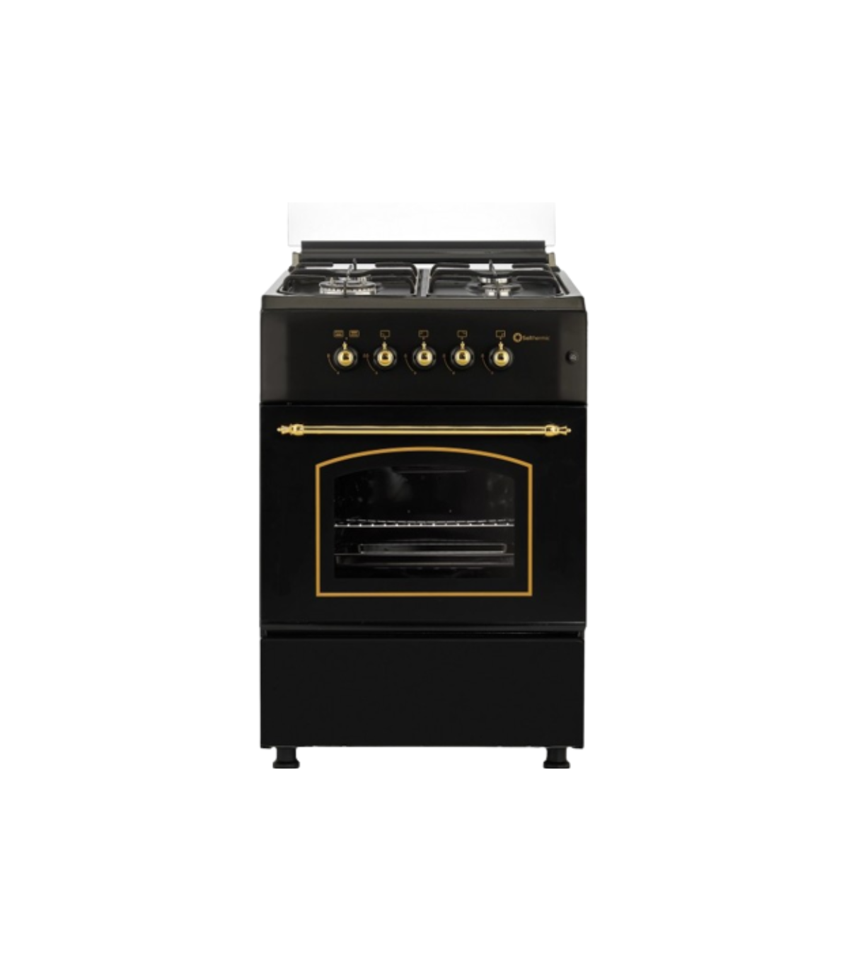 Horno negro con 4 quemadores de gas, detalles dorados y puerta de cristal. Fondo blanco.