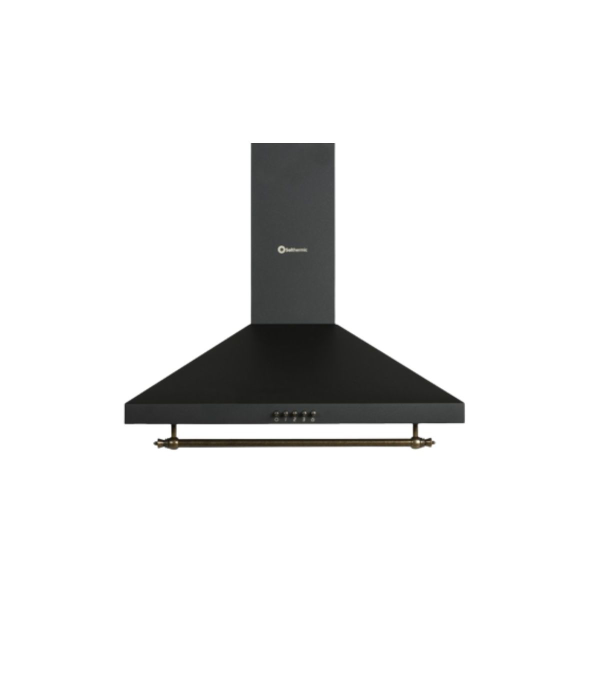Campana extractora negra con chimenea gris oscura. Tiene una barra horizontal.