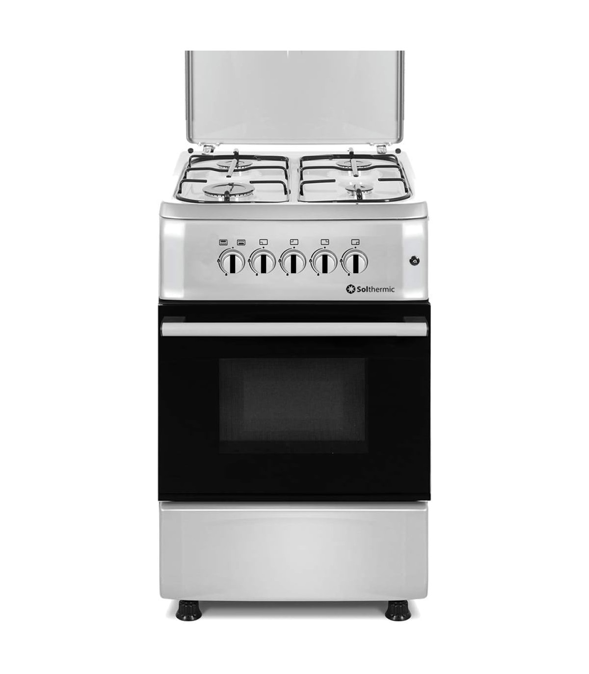 Cocina a gas plateada con cuatro quemadores y un horno debajo. Tiene acabado de acero inoxidable y mandos negros.