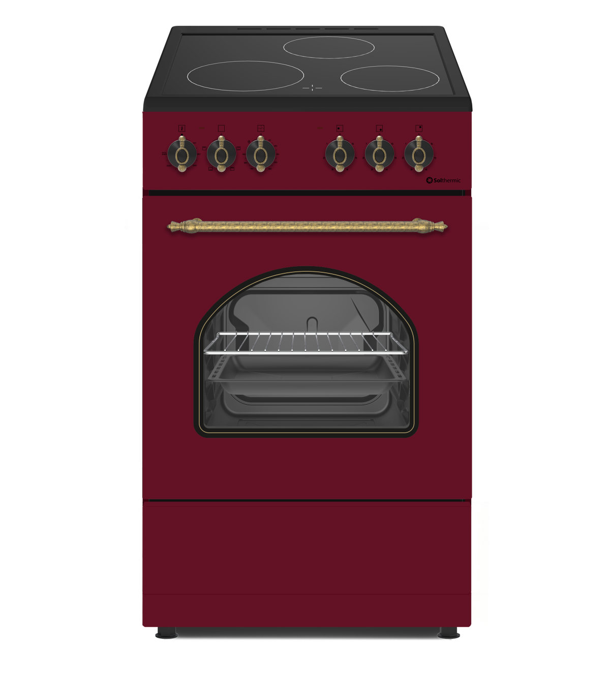 Horno rojo independiente. Características: encimera negra con 4 fuegos y puerta del horno.