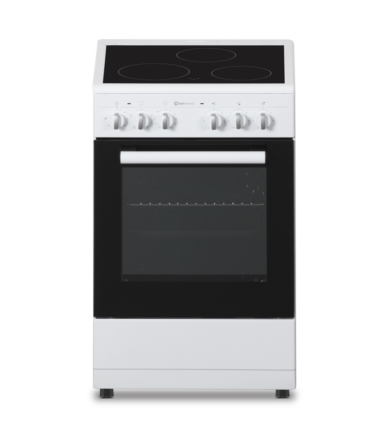 Cocina eléctrica blanca con cuatro quemadores y horno con puerta de vidrio. Perillas controlan cocinar.