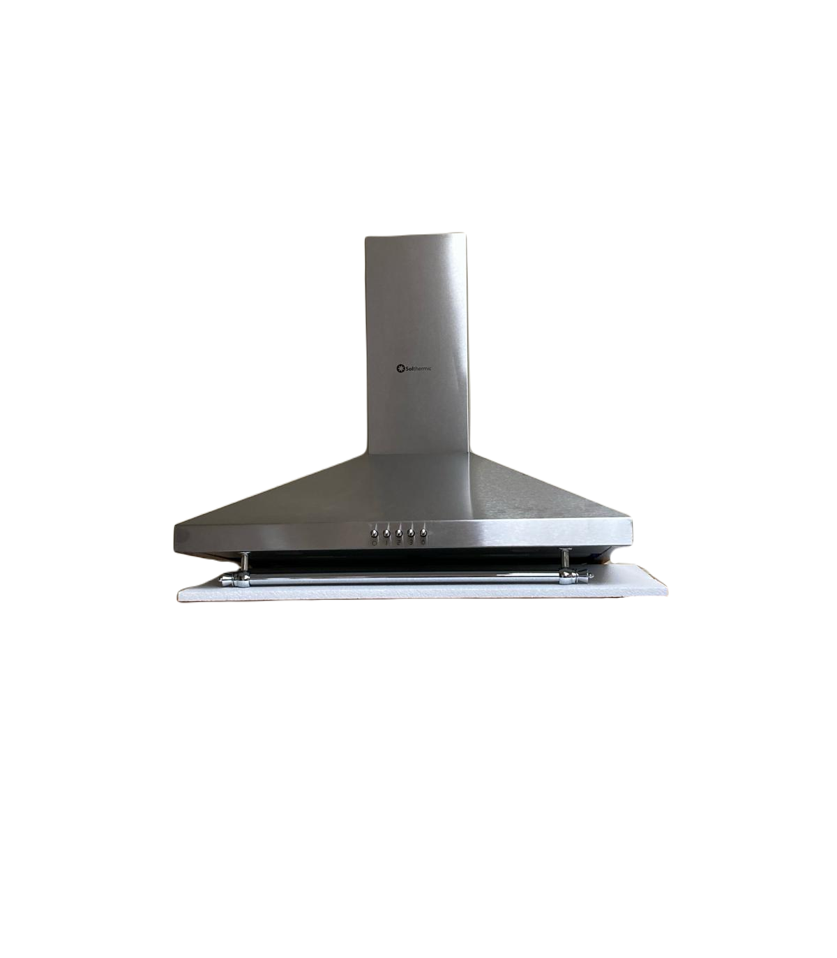 Campana extractora de acero inoxidable con base blanca. Presenta un frente inclinado y cuatro luces.