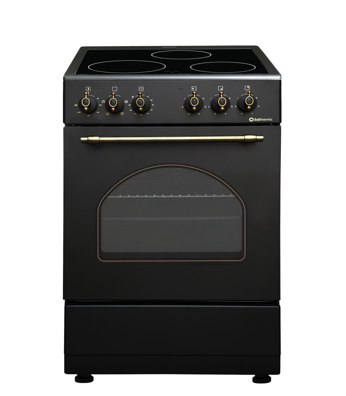 Cocina eléctrica negra con cuatro quemadores, perillas y un horno. La puerta del horno es transparente.