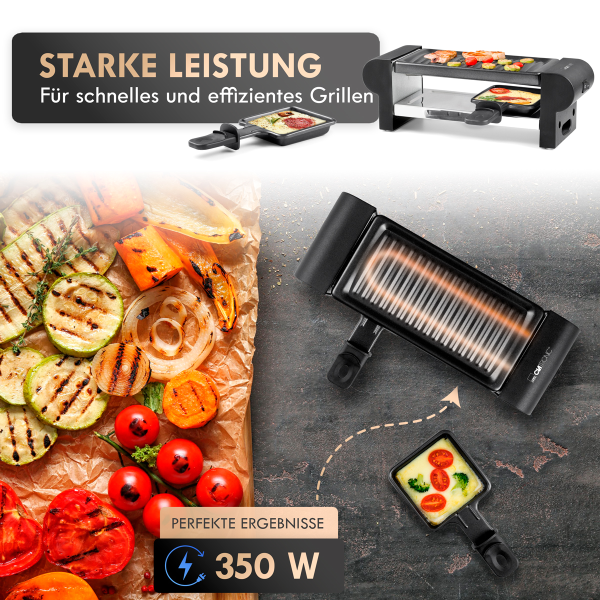 Grill do raclette z warzywami. Tekst w języku niemieckim: „Wydajność” i „Do szybkiego i wydajnego grillowania”.