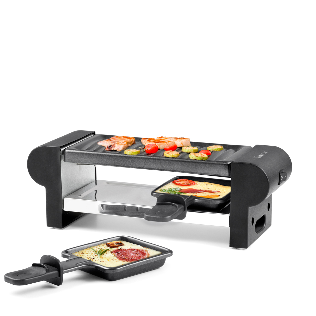 Czarny i srebrny grill do raclette z jedzeniem na nim.