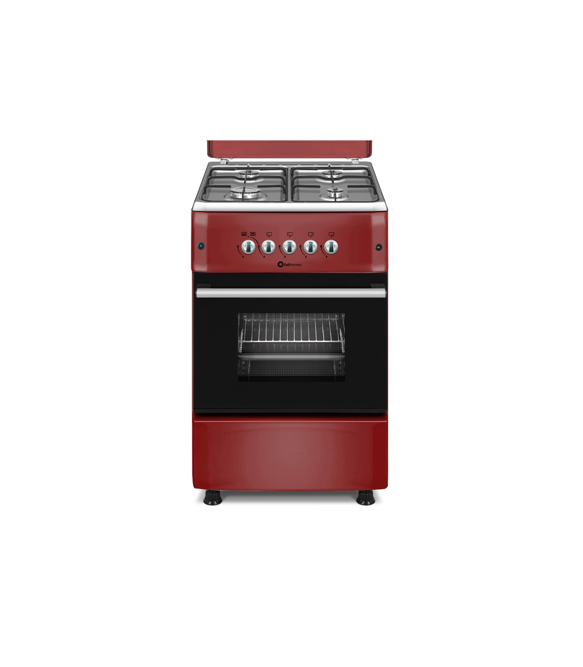 Horno rojo con cuatro quemadores, puerta negra del horno, fondo blanco.