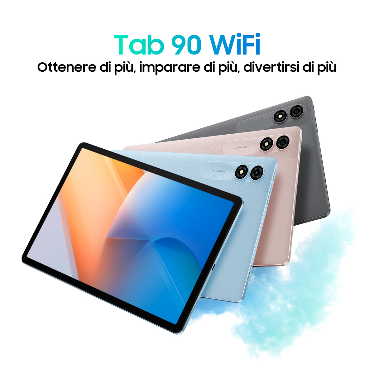 Tre tablet di diversi colori, angolati, con sfondo bianco.