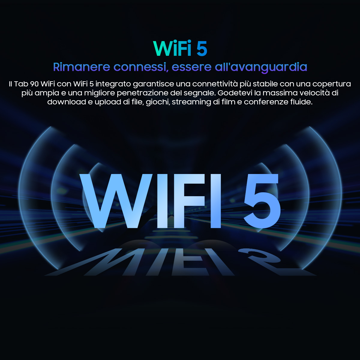 Logo WiFi 5 con effetto luminoso blu, che enfatizza la connettività e le prestazioni.