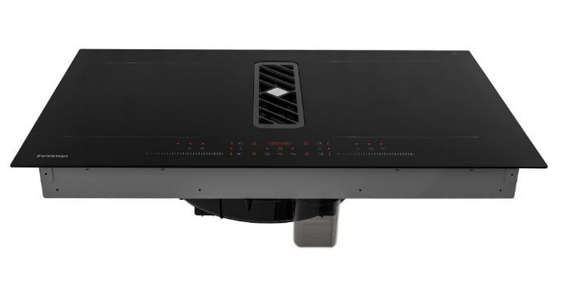 Placa de inducción negra con ventilación central y controles rojos sobre fondo blanco.