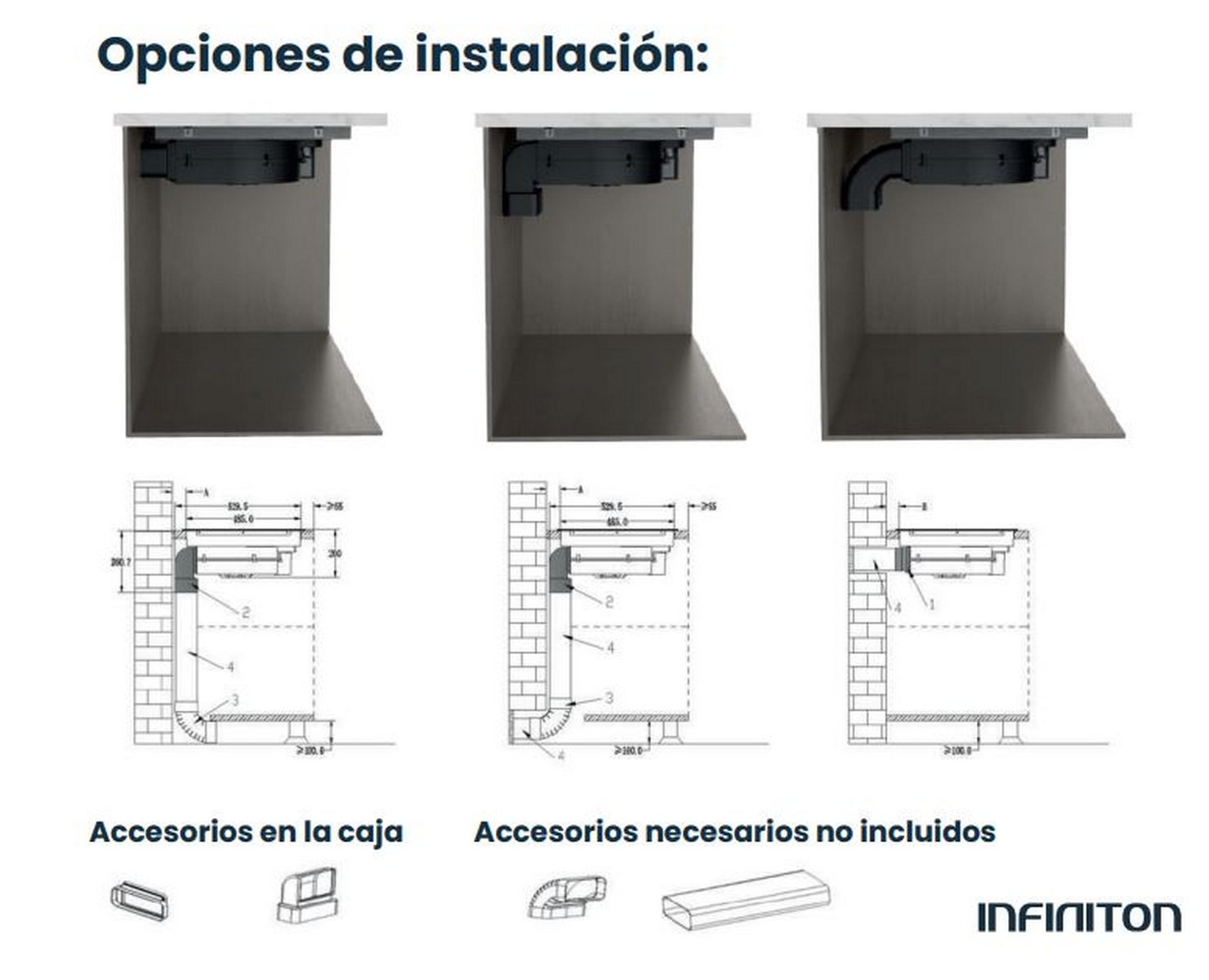 Diagramas de instalación muestran diferentes configuraciones de campanas extractoras. Los diagramas incluyen vistas superiores y laterales.