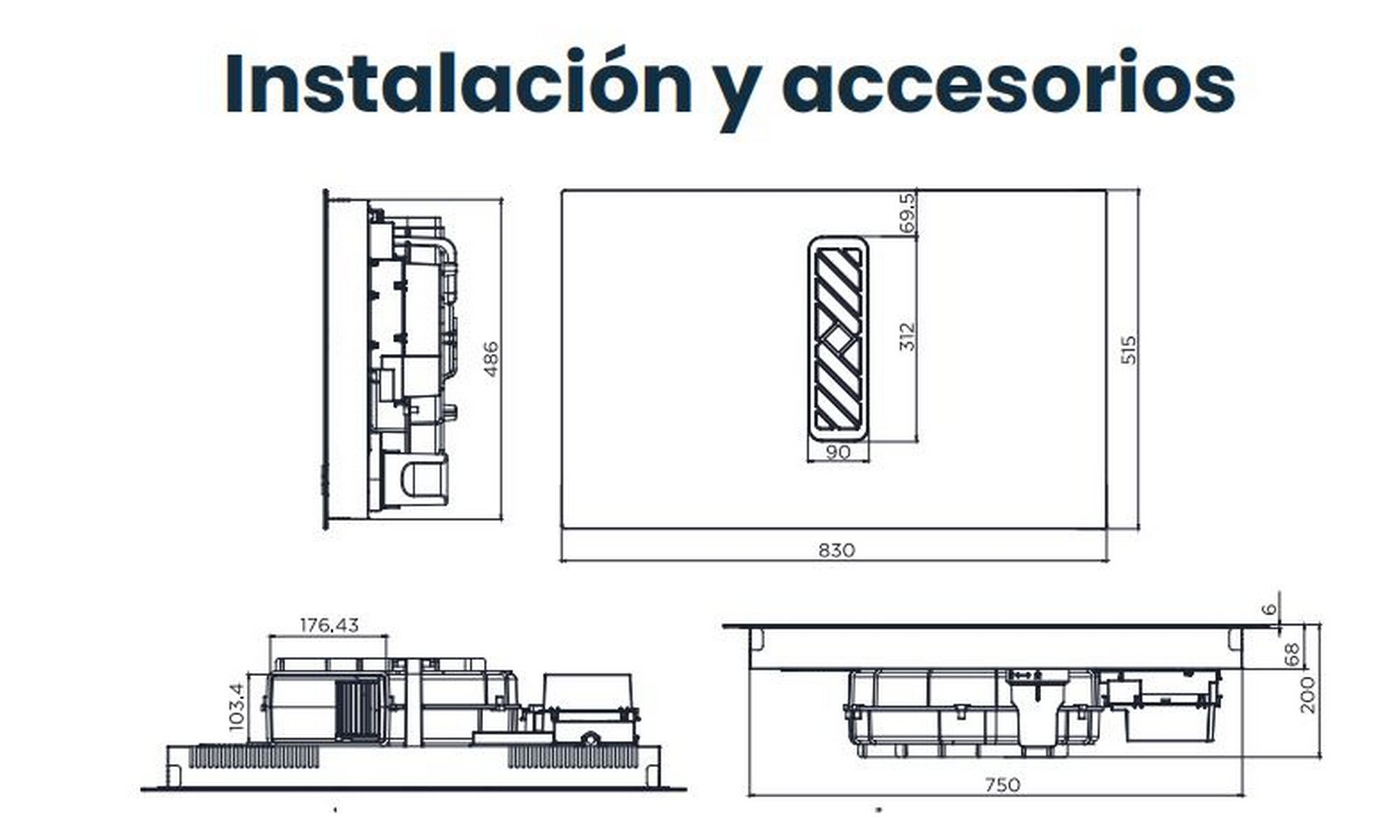 Dibujos técnicos con medidas. Muestran las dimensiones de un artículo desde diferentes ángulos.