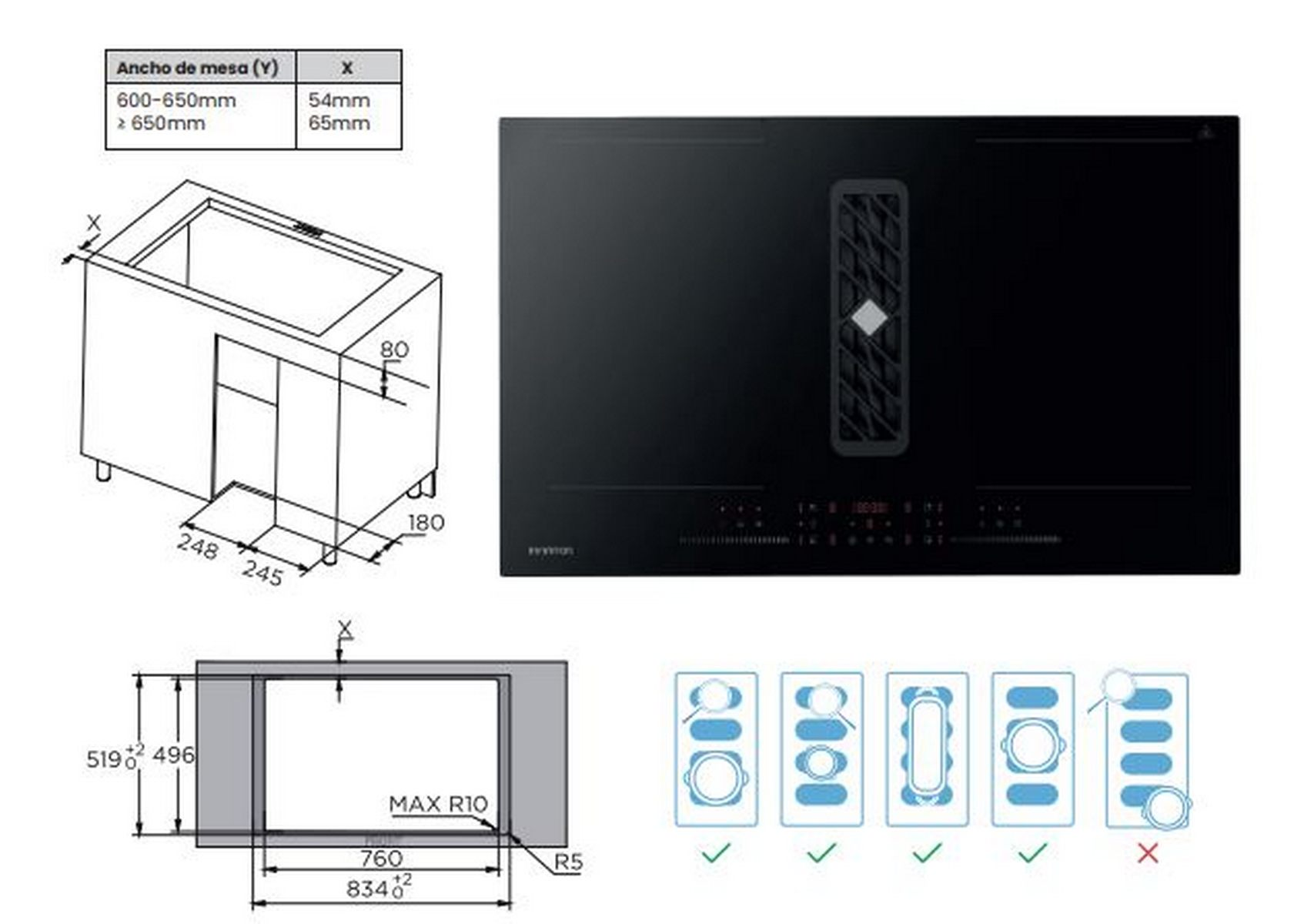 Placa de inducción negra con diagramas, sobre un fondo blanco.