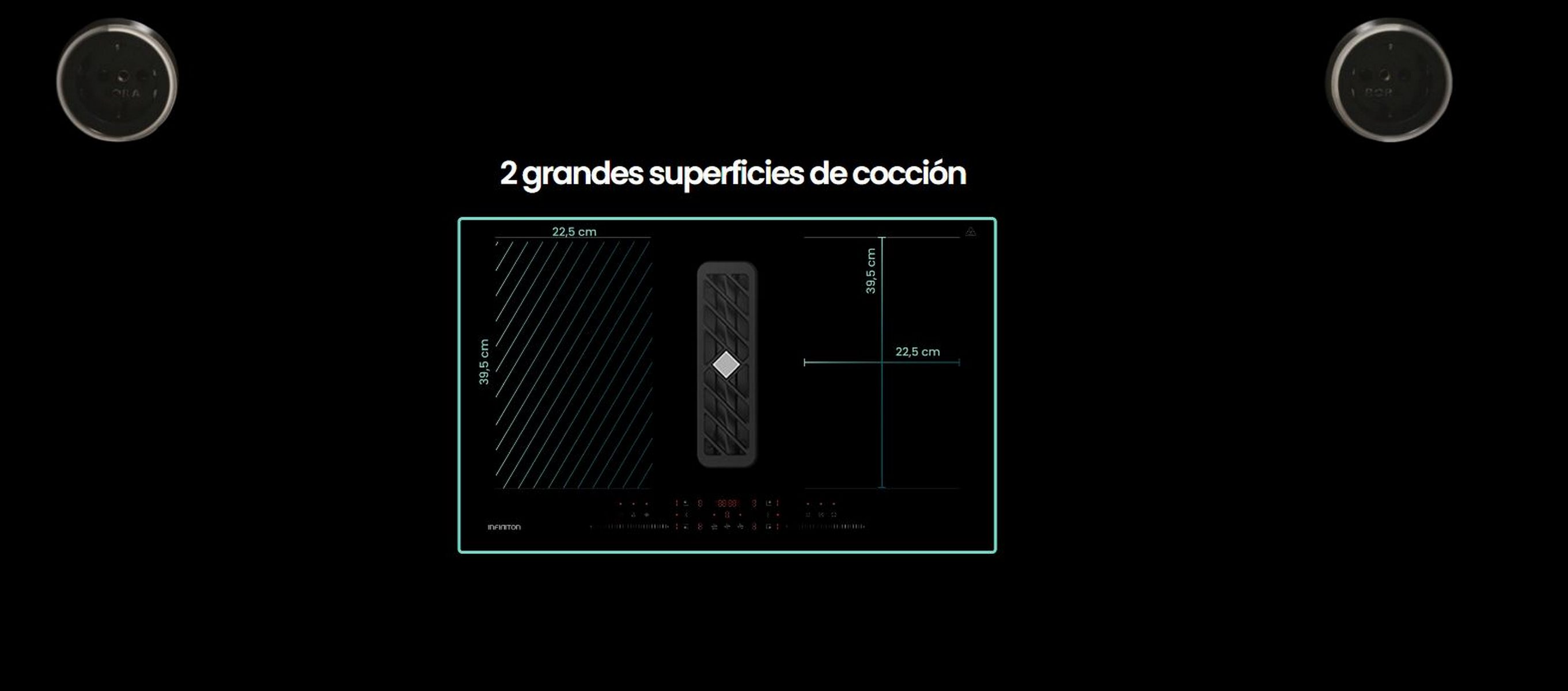 Una placa de inducción con dos superficies de cocción, y las dimensiones se muestran sobre fondo negro.
