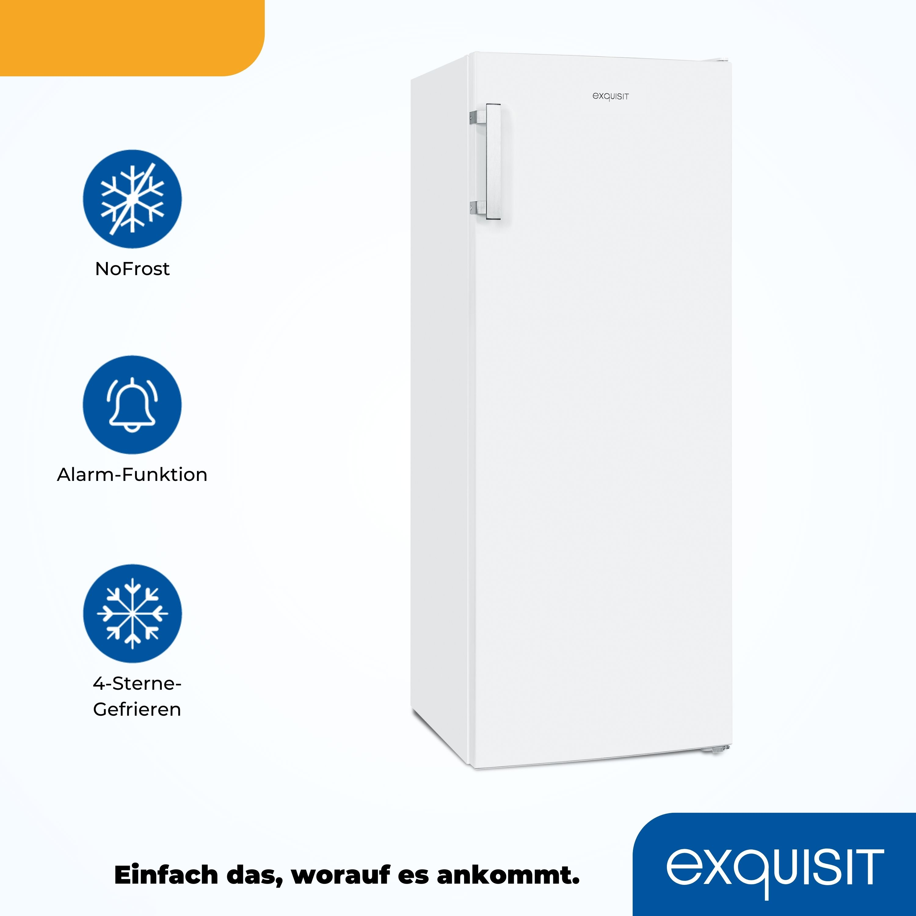 Un refrigerador Exquisit blanco con manija. Iconos de copos de nieve y una campana a la izquierda.