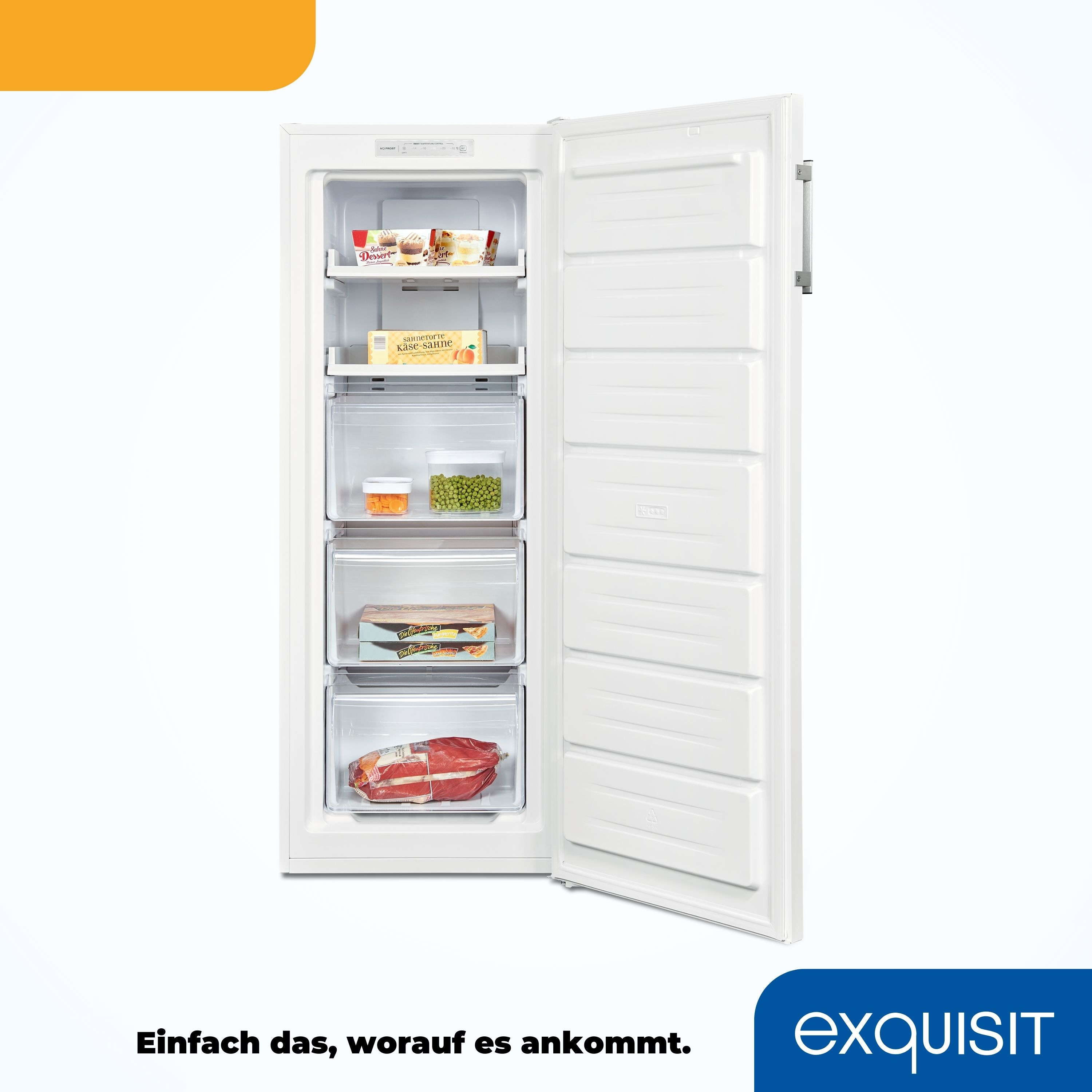 Un refrigerador blanco con la puerta abierta, mostrando cajones de comida. El texto en la parte inferior dice 'exquisit'.