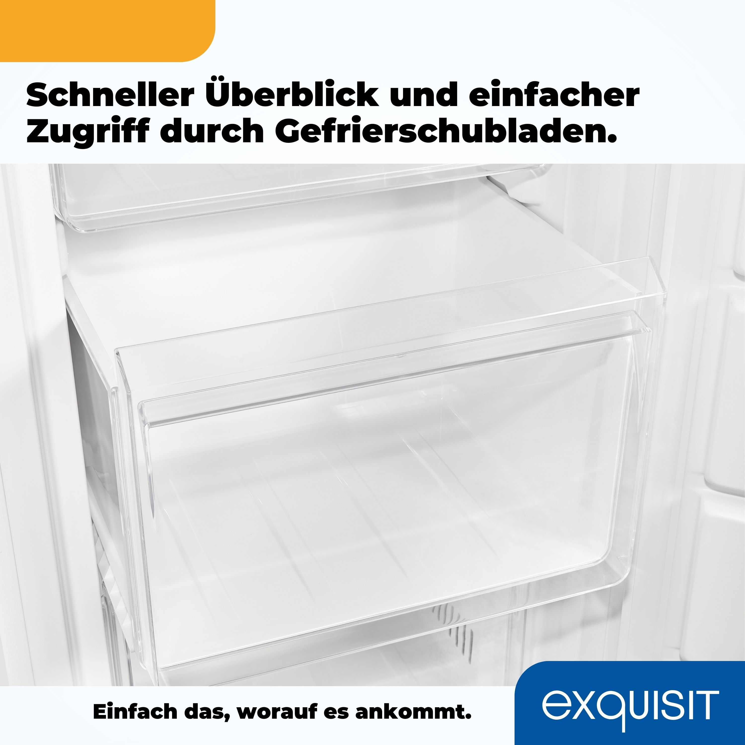 Primer plano de un refrigerador blanco con un cajón congelador transparente abierto.