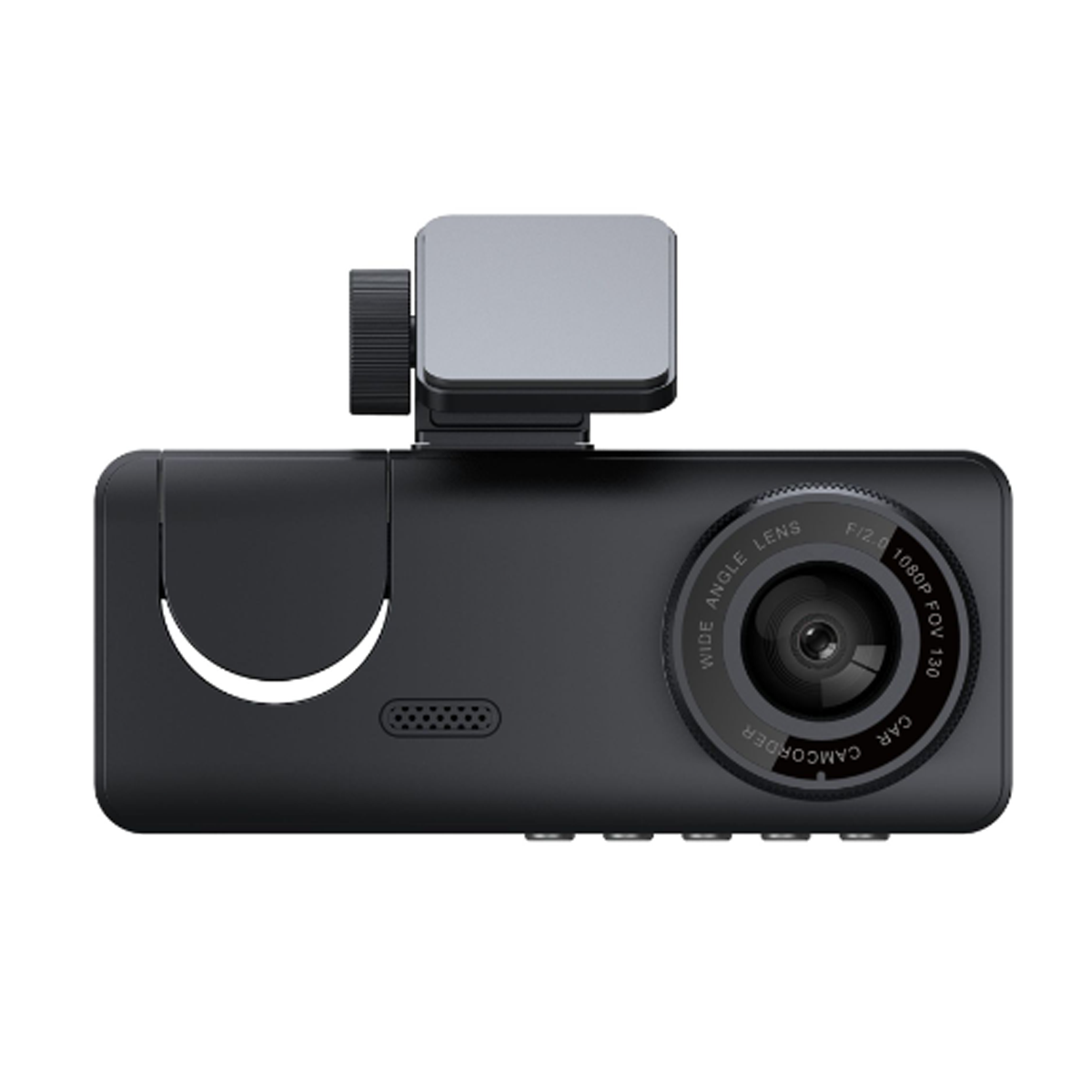 Schwarze Dashcam mit Objektiv, Bildschirm und einem oben montierten Element.