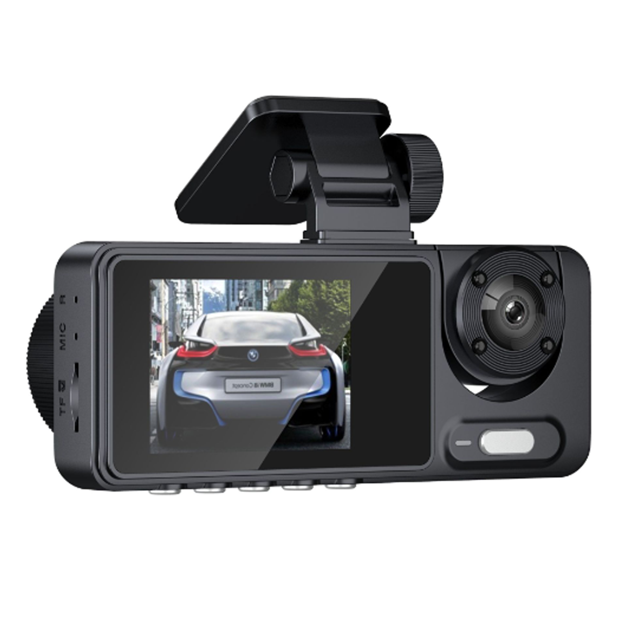 Schwarze Dashcam mit Bildschirm, der ein Auto zeigt, Knöpfen und einem Steckplatz für TF und Mikrofon.