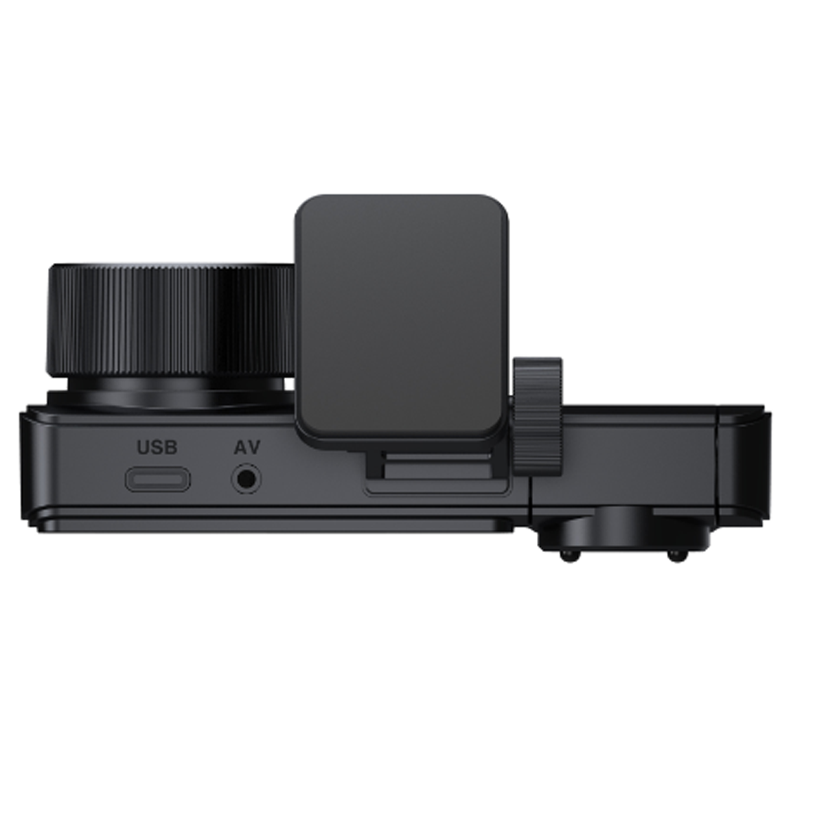 Eine schwarze Dashcam mit einem USB- und AV-Anschluss, die Draufsicht zeigend.