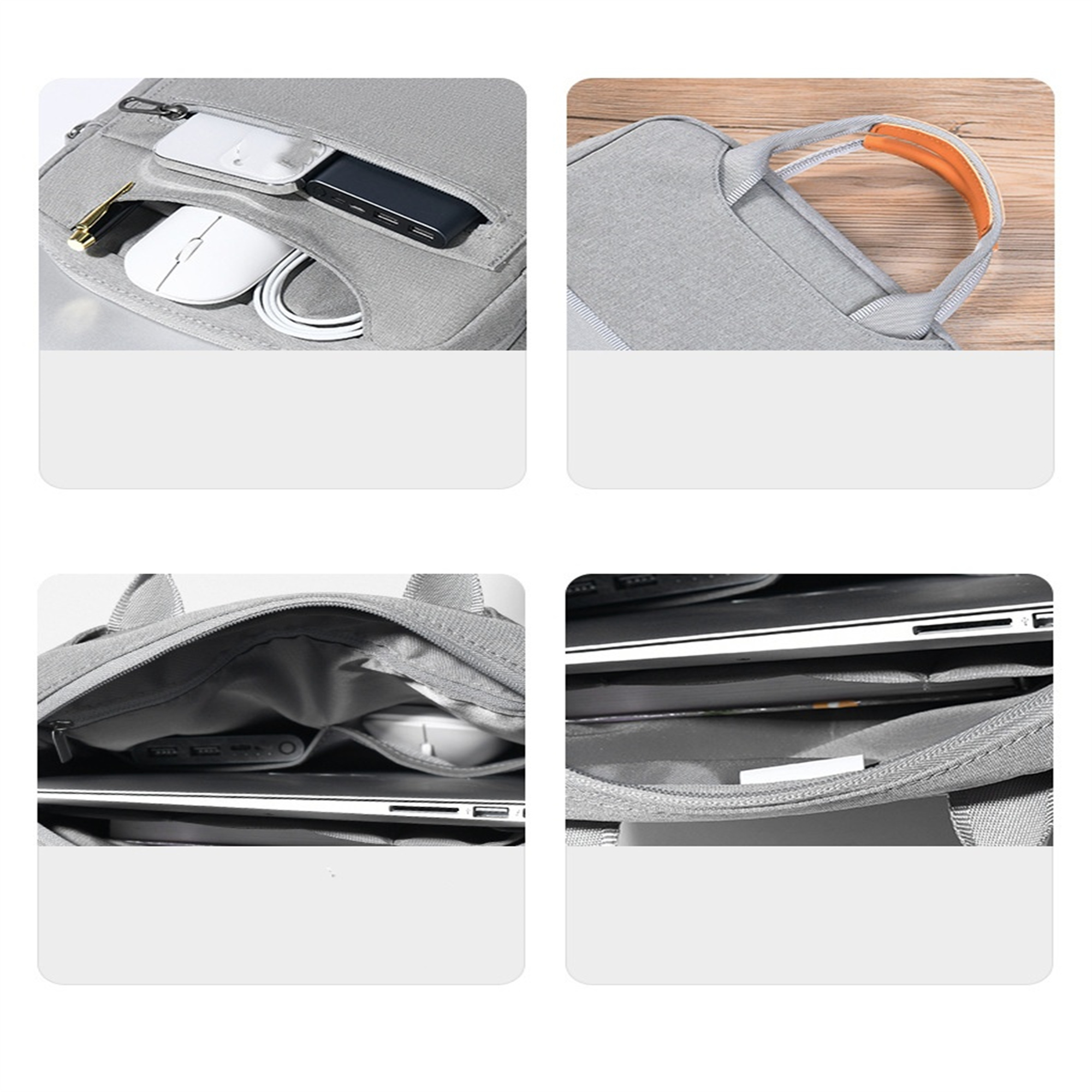 Eine graue Laptoptasche mit mehreren Fächern, mit Gegenständen darin.