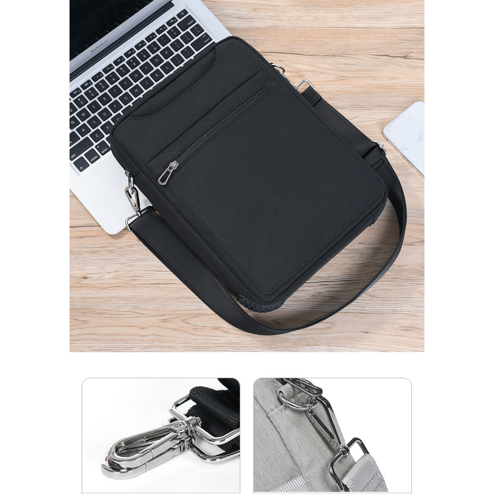 Eine schwarze Laptoptasche mit Laptop und Zubehör auf einer Holzoberfläche.