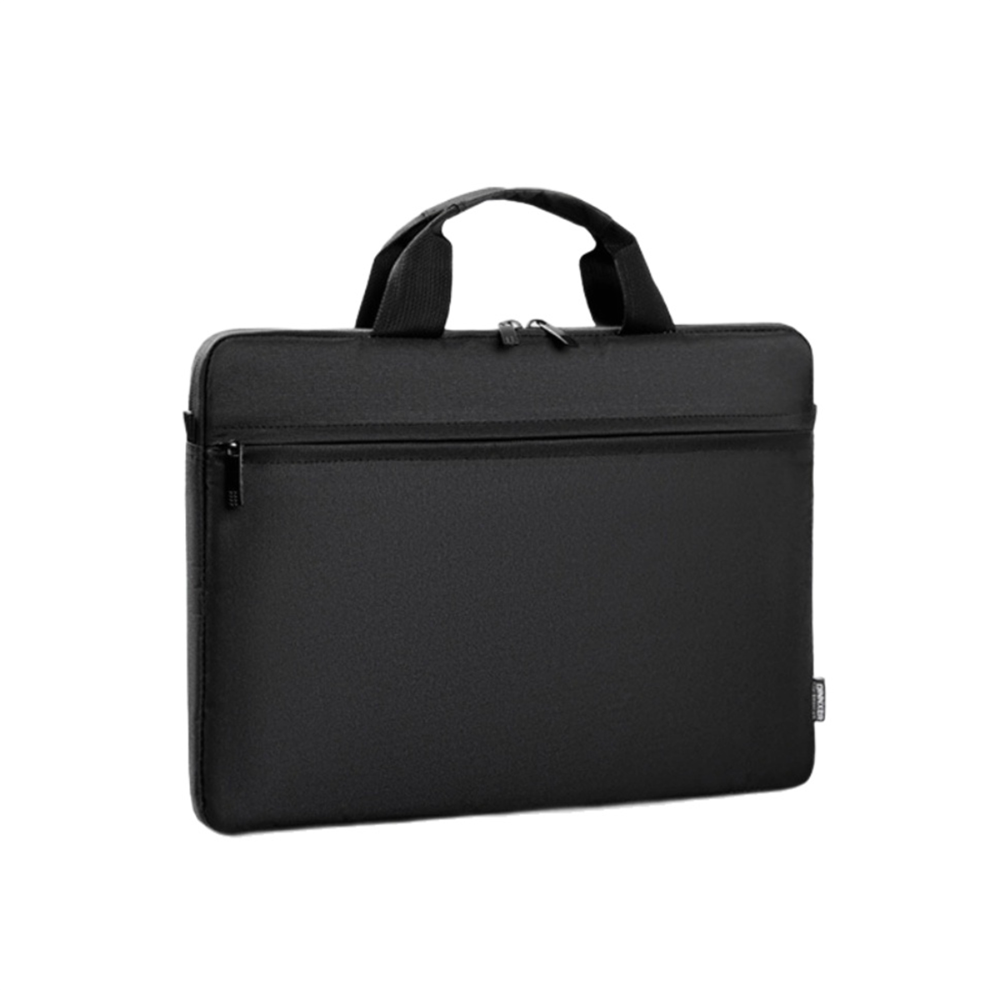 Eine schwarze Laptoptasche mit Griff und Reißverschluss. Die Tasche ist rechteckig und hat ein minimalistisches Design.