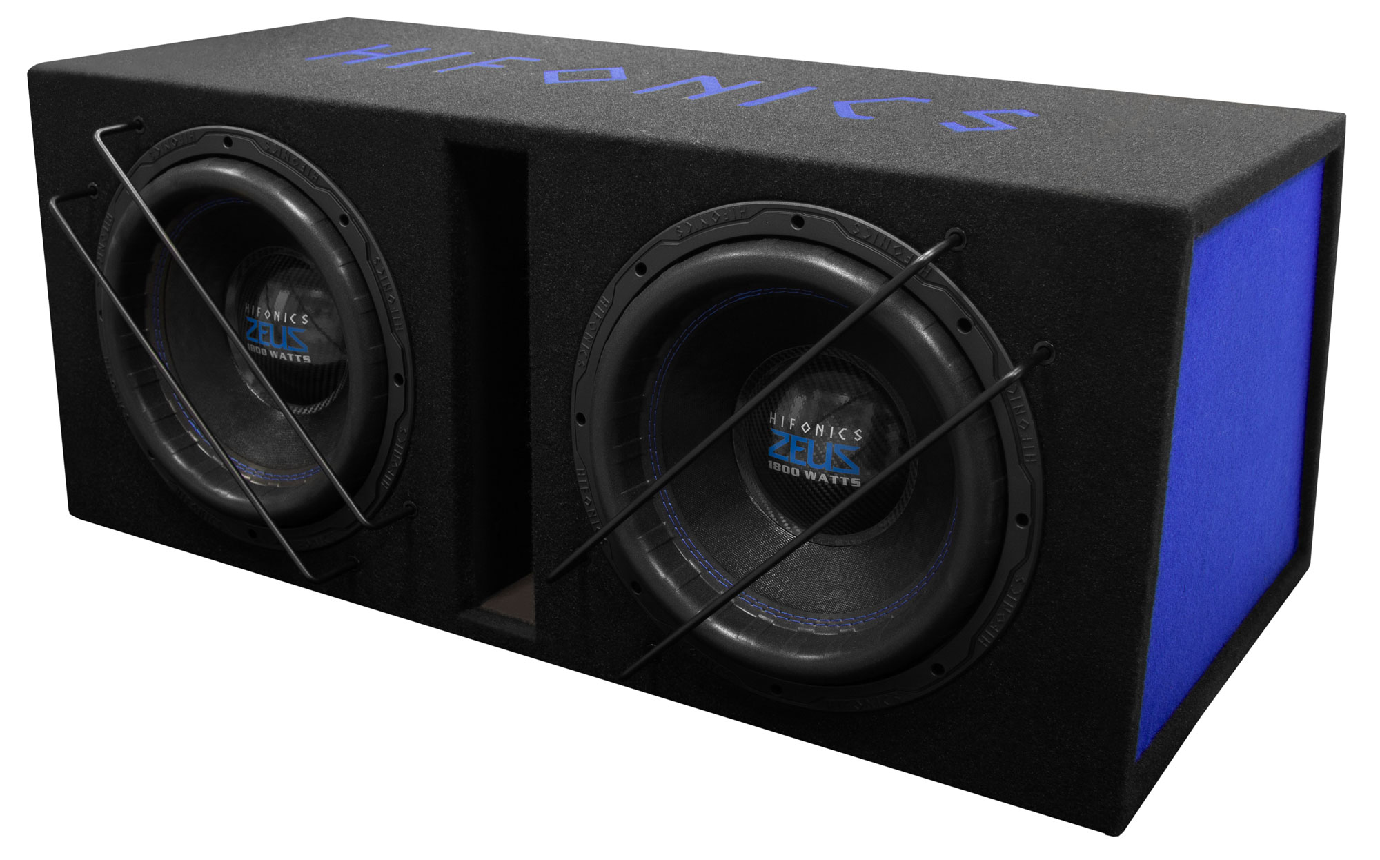 Schwarzer Subwoofer mit zwei Lautsprechern, silbernen Stangen, blauen Akzenten. Oben steht der Text 'HIFONICS'.