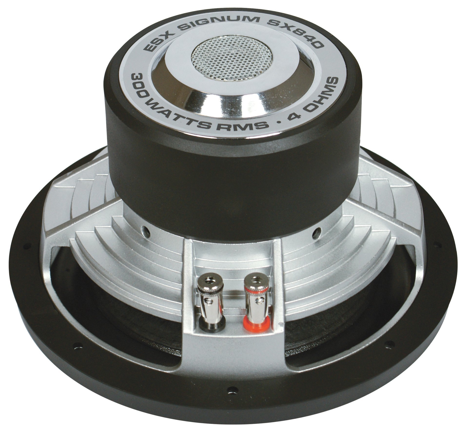 Nahaufnahme eines schwarzen Subwoofers mit silbernen Akzenten und rot/schwarzen Anschlüssen.