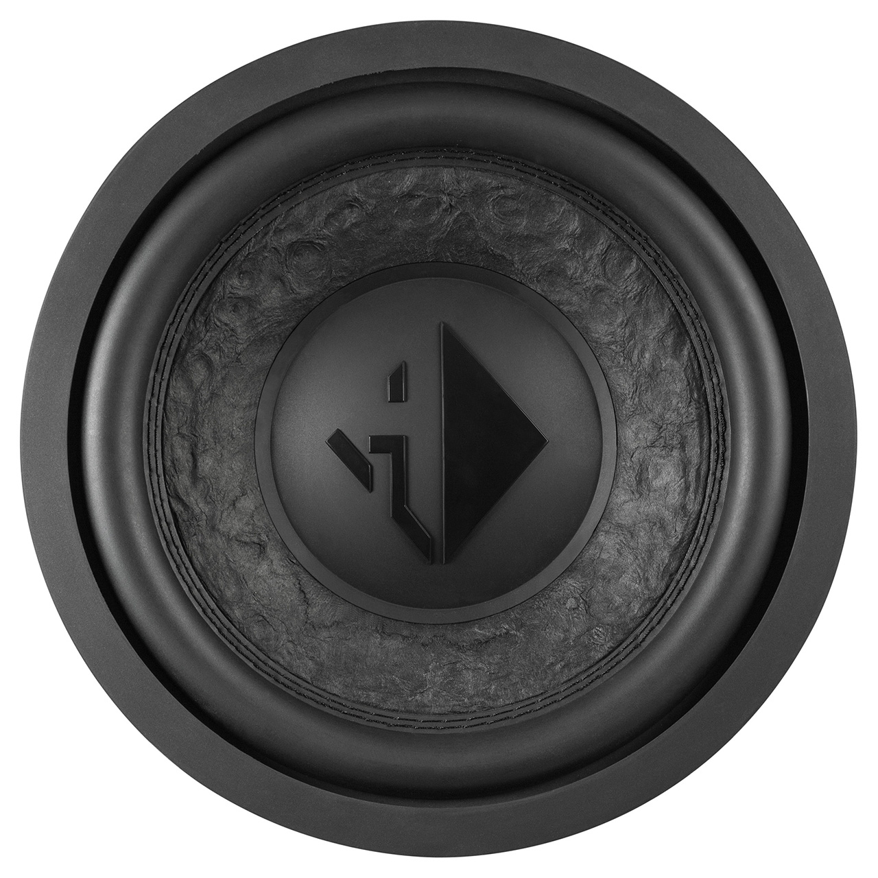 Ein runder, schwarzer Subwoofer. In der Mitte befindet sich ein Logo und eine strukturierte Oberfläche.