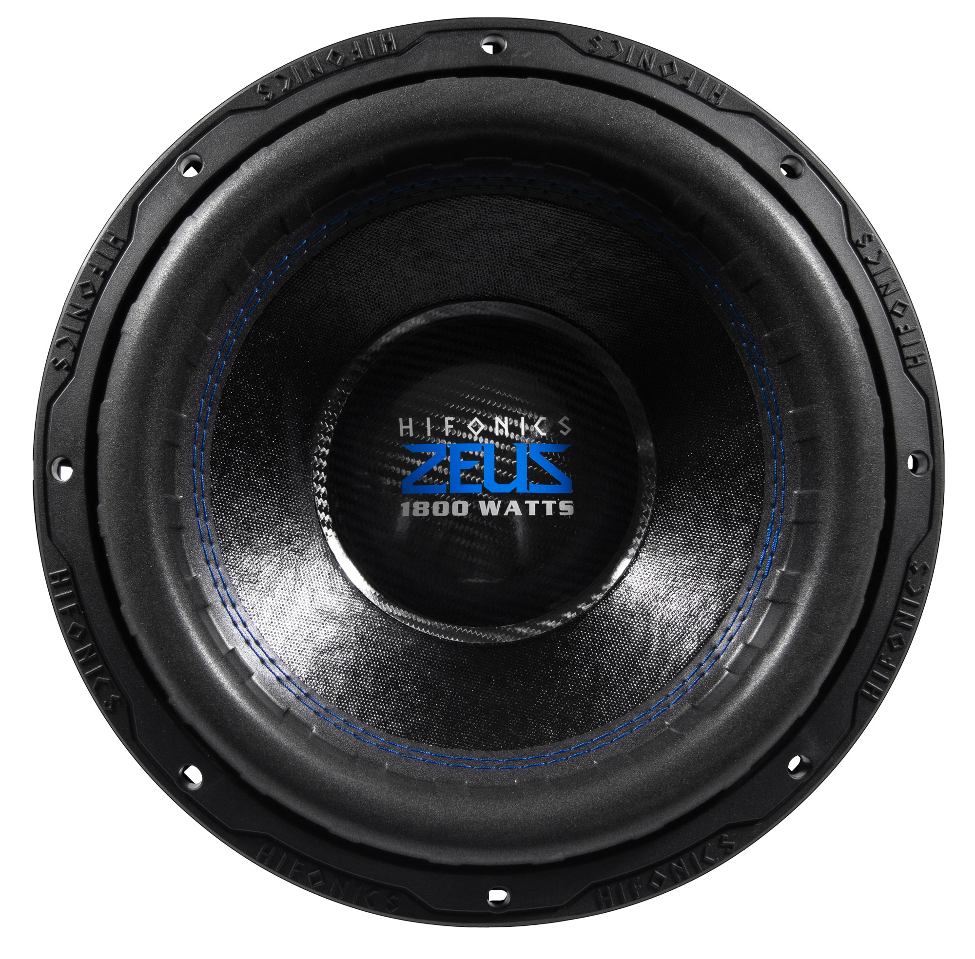 Schwarzer Auto-Subwoofer mit blauen Nähten und dem Zeus-Logo.